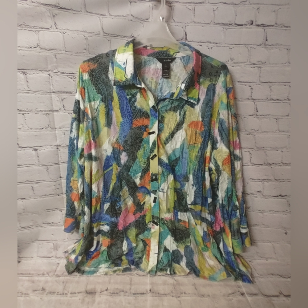 Ali Miles 3X Colorful Watercolor Ornate Button Down Blouse Artsy